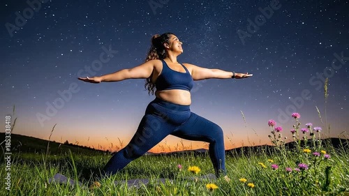 Woman in Blue Activewear Doing Warrior Pose at Twilight Meadow with Flower and Starry Sky Warm Sunrise Light on a Green Field for Fitness and Nature