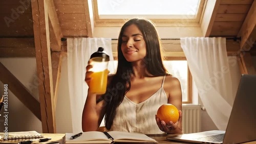 Woman in White Top Drinking Orange Juice at Wooden Desk with Laptop Under Skylight in Attic Conversion with Warm Lighting and Orange in Hand