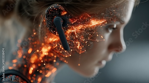 Woman with futuristic technology concept integrating with digital connection and sound devices.
