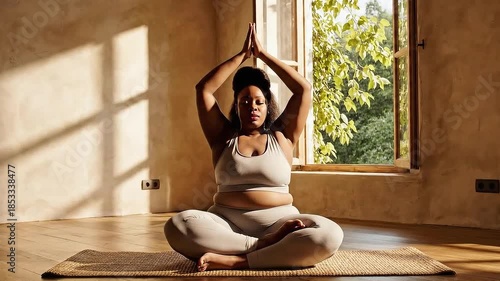 Woman in Yoga Pose with Hands Together in Sunny Room near Window, Wearing White Tank Top and Gray Pants on Yoga Mat, Brown Textured Wall Background