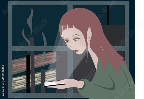 Sad Girl Looking at Phone Screen, Flat Vector Illustration