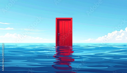A striking red door mysteriously rises from a tranquil blue ocean, reflecting on the rippled surface under a clear sky.