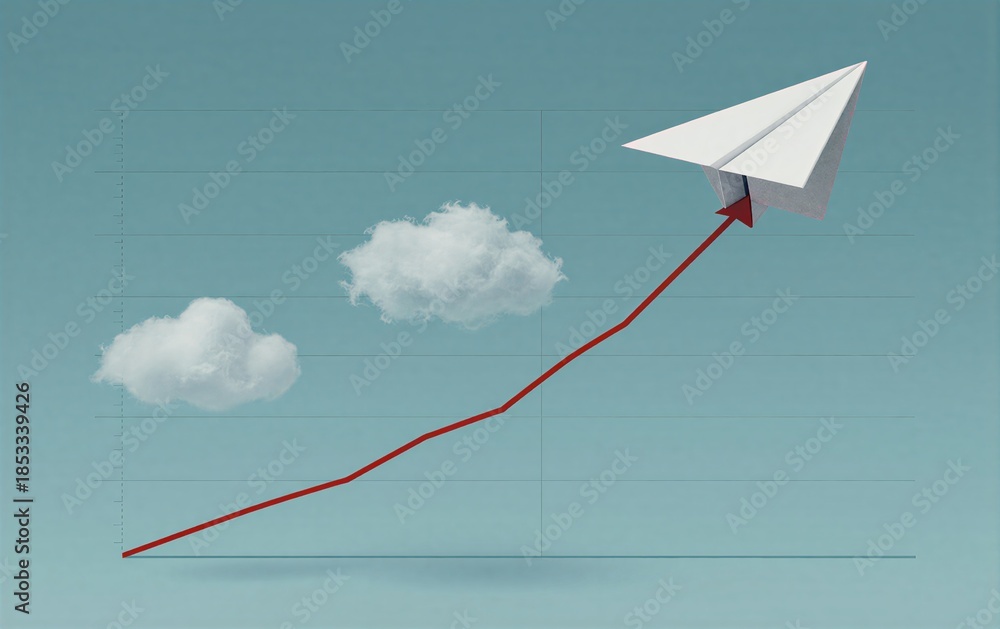 Fototapeta premium Paper airplane soars upward on red graph line, past fluffy clouds against blue sky.