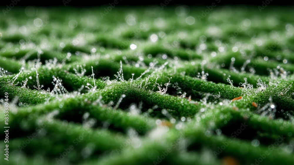 Obraz premium Dewdrops sparkle on green moss in early morning light in a tranquil forest setting