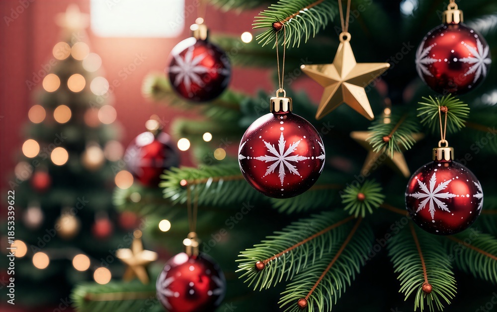 Fototapeta premium Red and gold Christmas ornaments hang on a festive tree, glowing warmly against blurred lights.