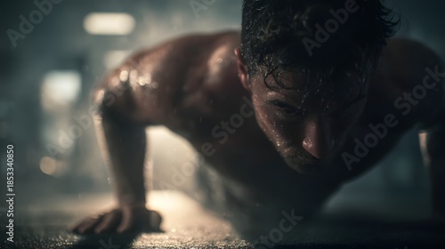 Man doing pushups in a dimly lit gym, sweating and determined.