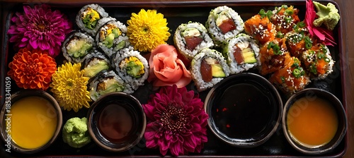 A vibrant sushi platter with assorted rolls and dipping sauces on a dark background with colorful flowers