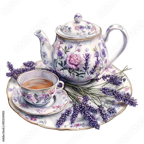 Watercolor Lavender Floral Tea Set Teapot Teacup and Saucer
