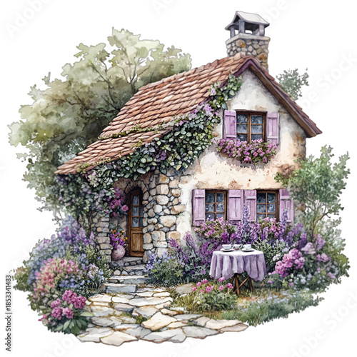 Watercolor Rustic Stone Cottage House with Lavender Garden Illustration

