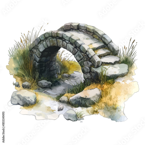 Watercolor Rustic Stone Arch Bridge Garden Illustration
