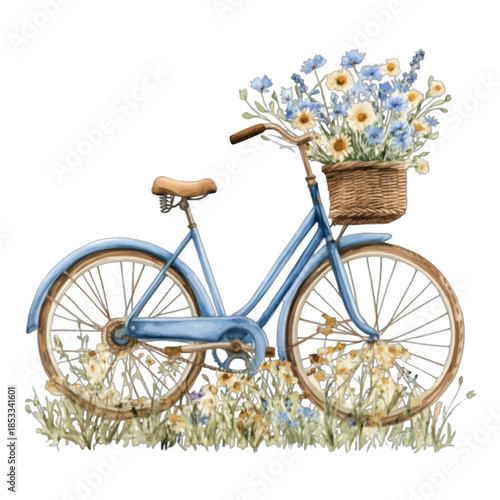 Watercolor Blue Bicycle with Flower Basket and Wildflowers Vector Illustration 
