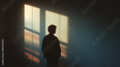 A man stands quietly in warm window light, pausing in thought before an uncertain future.