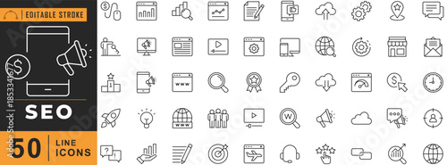 SEO line icon set. Editable stroke. Vector illustration.
