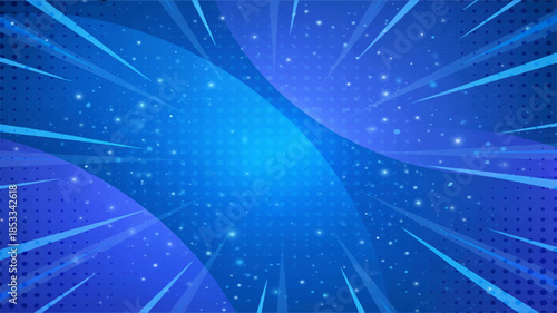 An abstract blue technology background featuring a bright glowing burst of energy with shiny laser lights and stars radiating like a cosmic sun flare across a deep space sky wallpaper design