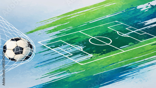 Grunge soccer football background illustration featuring a 3d ball on a green grass stadium pitch field with white goal lines for sports game competition strategy and match championship play