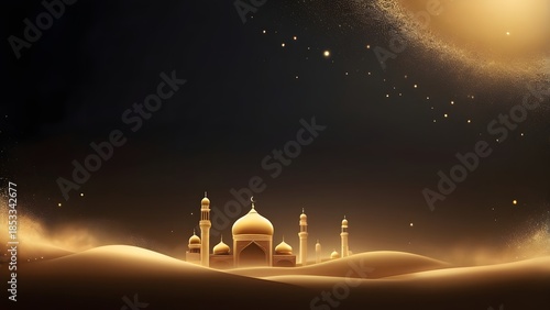 Golden mosque landscape with crescent moon at night