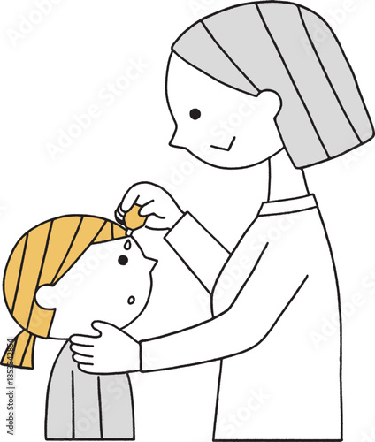 子供に目薬を指すお母さん単色
