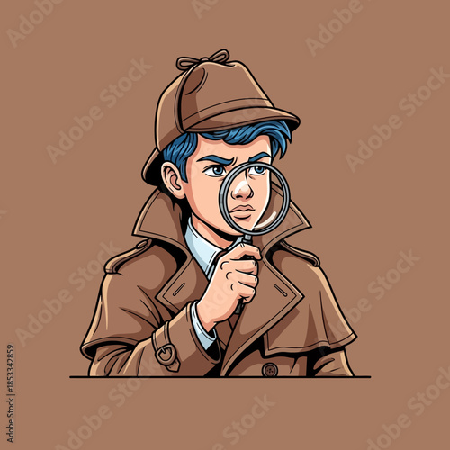 Cartoon detective with magnifying glass.