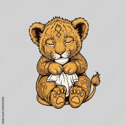 Cute lion cub with white cloth.