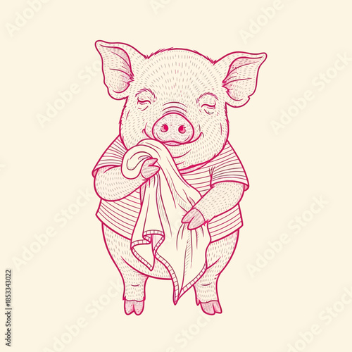 Cute pig holding a cloth.