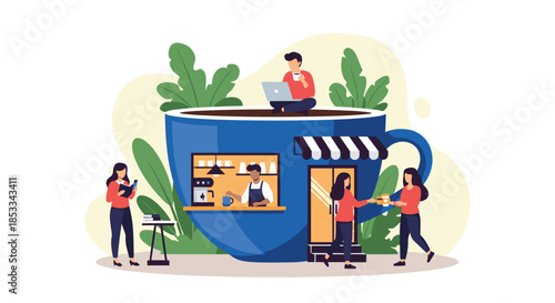 Whimsical scene shows a giant blue coffee cup transformed into a busy cafe with customers and a barista working inside the large mug.