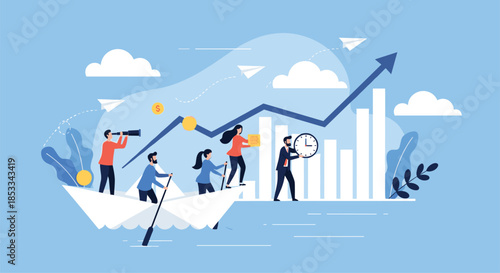 Ambitious business team rows a large paper boat through waves of financial growth and time management toward future corporate success.