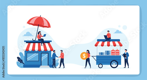 Comparison of a retail store under a protective umbrella versus an unprotected street vendor with a cart and money transactions.