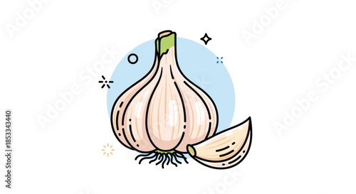 Detailed color illustration of a complete garlic bulb with small roots and a single separated clove on a light blue circular background.