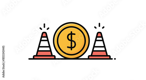 Graphic representation of financial caution featuring a large golden dollar coin placed between two bright orange traffic cones.