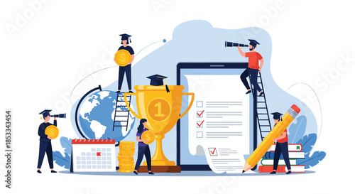 Team of students works around a desk with a giant golden trophy and a world globe to prepare for a major academic competition.