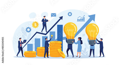 Corporate team collaboratively pushes giant lightbulbs up an inclined arrow to represent the synergy of innovation and business growth.