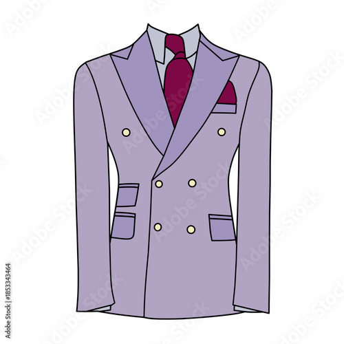 Illustration of a purple tuxedo dress and red necktie on white background. Illustration of a themed about fashion for men's formal wear.