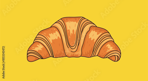 Delicious golden-brown croissant pastry with a flaky texture is shown in a clean color illustration on a solid yellow background.