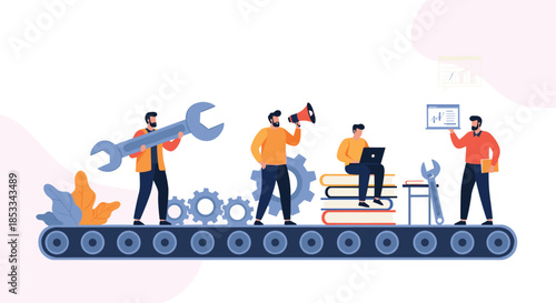 Industrial production process shows workers on a conveyor belt using tools and books to manage manufacturing and technical knowledge.