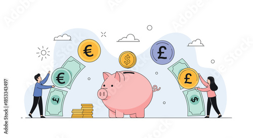 Two people place international currency coins and banknotes into a large pink piggy bank to represent global savings and travel planning.