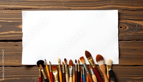 artists brushes on mockup table position: brushes placed neatly at the bottom of the image copy space: generous space provided at the top for text or design elements, minimalist design.