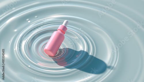 a pink cosmetic bottle floating on water, positioned at the top of the image with clear copy space at the bottom for text or s, minimalist design.