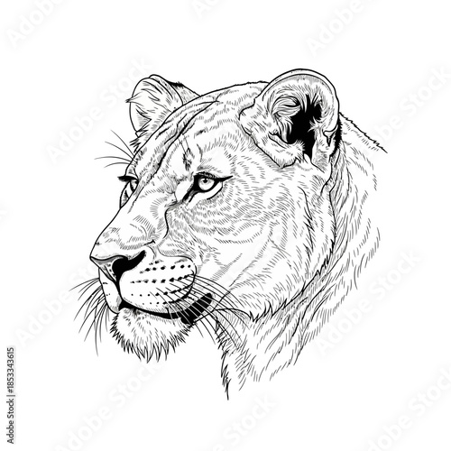 Detailed Black and White Lioness Head Sketch.