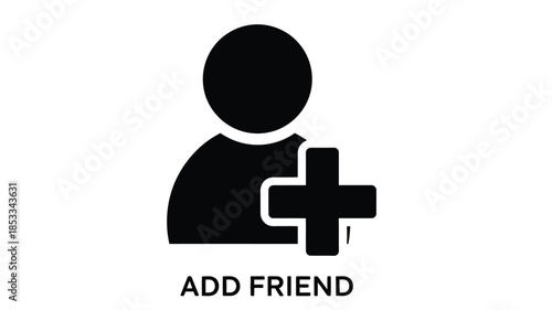 Simple black icon depicting a person with a plus sign and text add friend