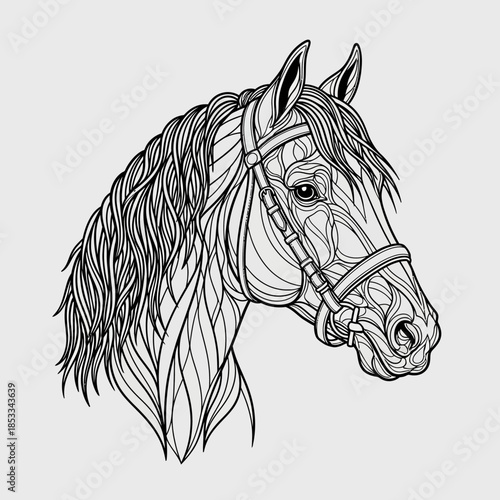 Detailed Horse Head Illustration with Harness.