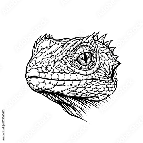Detailed Line Drawing of Iguana Head.