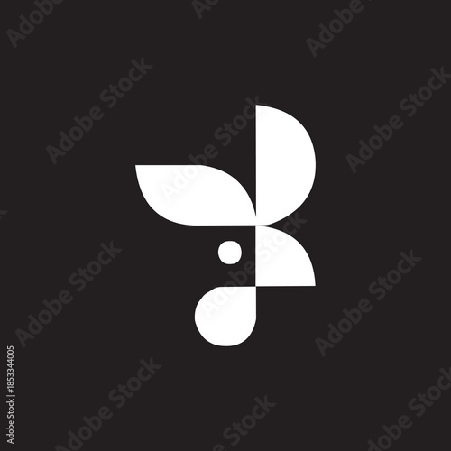 A highly creative, minimalist logo representing a rooster, constructed entirely from geometric shapes. The design uses white semi-circles, leaf-like shapes, and a small circular 