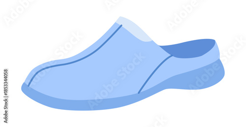 Blue clog sandal shoe women flat. Closed toe rubber sandal for camping vacation relaxed wardrobe. Technical fashion illustration CAD mockup smooth vector man unisex isolated trendy style.