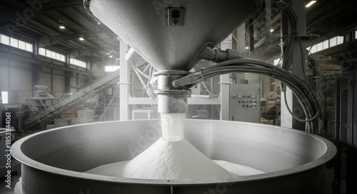 Industrial mixer filling large stainless steel container with fine white powder in modern automated food processing plant, advanced equipment producing bulk ingredient