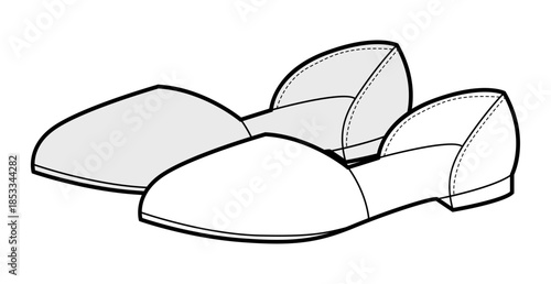 Dorsay flat shoe women sketch pair. Open back pointed toe footwear for minimal casual outfit. Technical fashion illustration CAD mockup detailed vector man unisex isolated classic style.