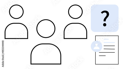 Recruitment, HR processes, candidate selection, human resources, job applications, data management. Minimalist ion of people icons, job documents question mark. Recruitment and HR processes concept
