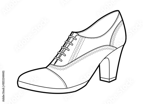 Oxford pump women heel single line pair. Lace up brogue inspired dress footwear for meeting, university preppy style. Technical illustration, CAD mockup, clean vector men unisex isolated refined style