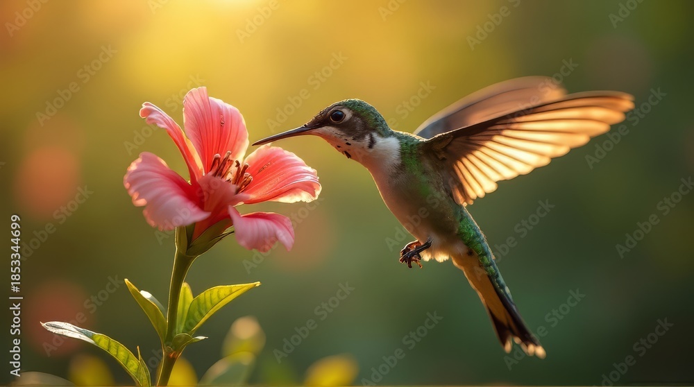 Naklejka premium Hummingbird Drinking From Pink Flower Nature Scene