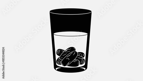 A glass of water with dates at the bottom, simple illustration on a white background.