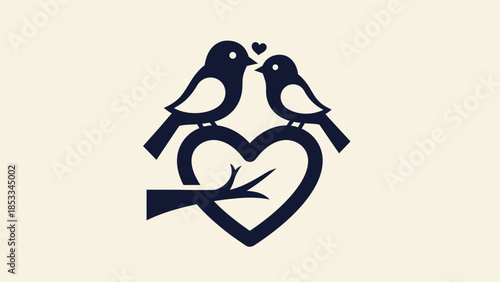 Two cute birds perched on a branch forming a heart shape, symbolizing love and togetherness.